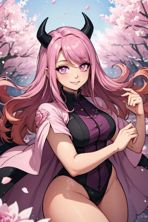 A pink haired woman with violet eyes with an hourglass figure in a Demon Slayer uniform is smiling in a flurry of peony petals