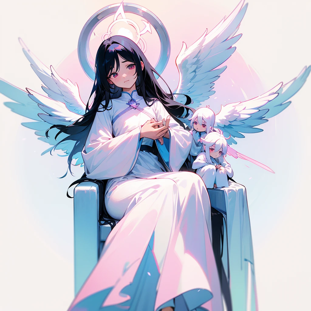 Biblically accurate angel, multiple eyes, rings of fire, cute, long black hair, thone, androgenous, long white tunic, baby blue light pink and white color scheme, peaceful expression, kind expression, motherly expression, powerful, sitting on a throne, pink white and blue wings, three pairs of wings, androgynous appearance