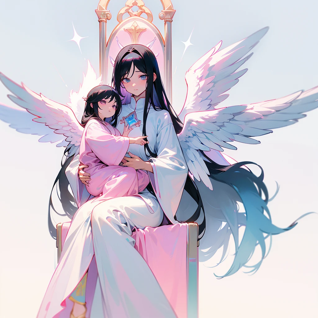 Biblically accurate angel, multiple eyes, rings of fire, cute, long black hair, thone, androgenous, long white tunic, baby blue light pink and white color scheme, peaceful expression, kind expression, motherly expression, powerful, sitting on a throne, pink white and blue wings, three pairs of wings, androgynous appearance