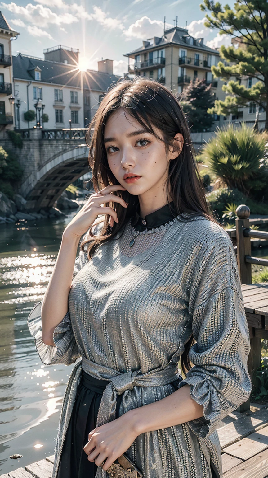 best quality, masterpiece, photo realistic, intricate details, raw photo, photon rendering, octane render, absurdres, ultra detailed, detailed face, detailed skin, trending on artstation,8k masterpiece,cinematic lighting, scenery, scenery, no humans, cityscape, sky, city, cloud, outdoors, building, sunset, city lights, bridge, river, tree, roadn, artist name,