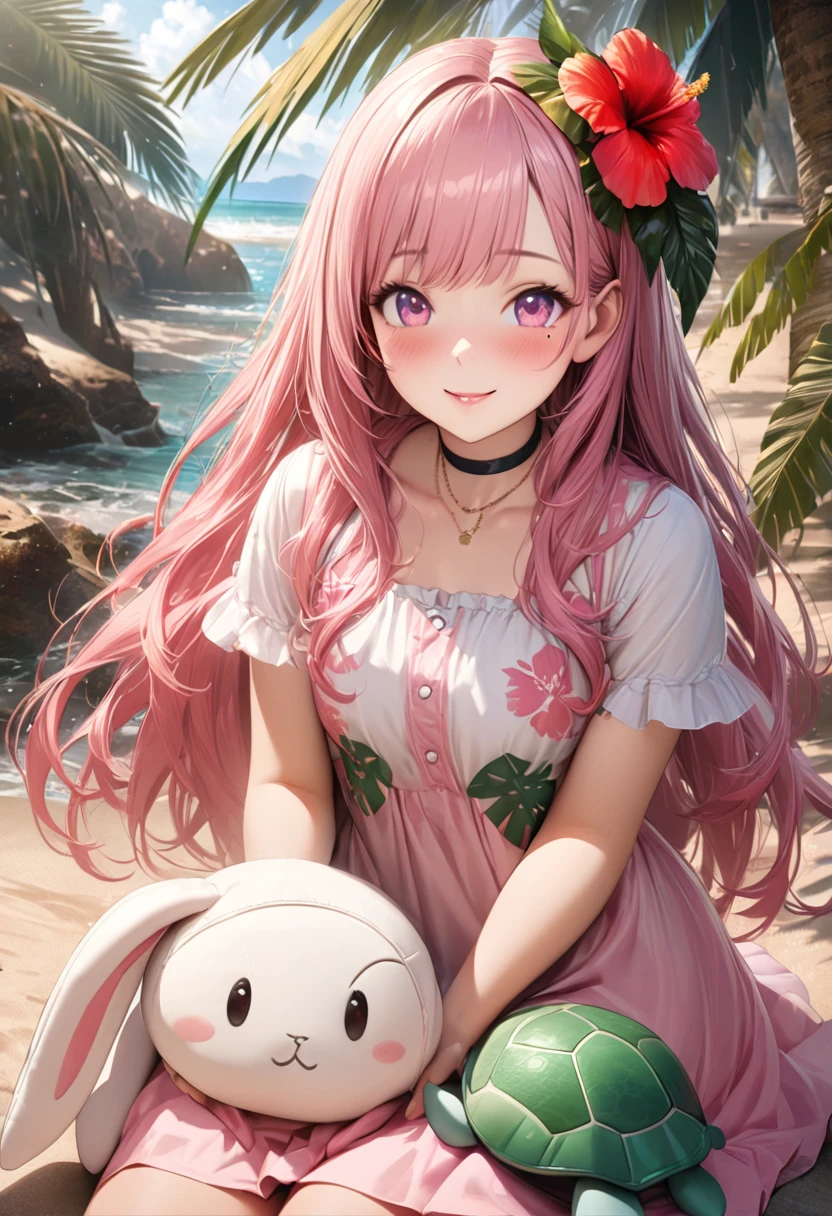 Masterpiece, Best Quality, Highly Detailed, High Definition, High Definition, High Definition, 4k, 8k, Unity 8K Wallpaper, Highly Detailed CG, Masterpiece, Realistic, Beautiful Details, Depth, Fine Texture, Best Quality: 1.3, Total concentration, perfect skin, boyfriend, very cute anime, cute like an idol, tall pink semi-long hair, one girl, Hawaiian dress, cute stuffed rabbit, stuffed sea turtle, palm tree, greeting, hibiscus hair decoration, smile, afternoon, coffeetime,long pink hair, whole body, mole under the eye, gaze, high, blush, lips parted, his art, pink eyes, choker