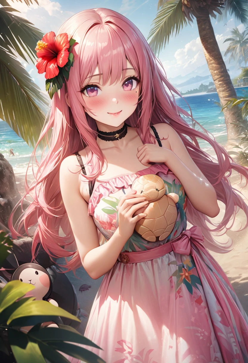 Masterpiece, Best Quality, Highly Detailed, High Definition, High Definition, High Definition, 4k, 8k, Unity 8K Wallpaper, Highly Detailed CG, Masterpiece, Realistic, Beautiful Details, Depth, Fine Texture, Best Quality: 1.3, Total concentration, perfect skin, boyfriend, very cute anime, cute like an idol, tall pink semi-long hair, one girl, Hawaiian dress, cute stuffed rabbit, stuffed sea turtle, palm tree, greeting, hibiscus hair decoration, smile, afternoon, coffeetime,long pink hair, whole body, mole under the eye, gaze, high, blush, lips parted, his art, pink eyes, choker