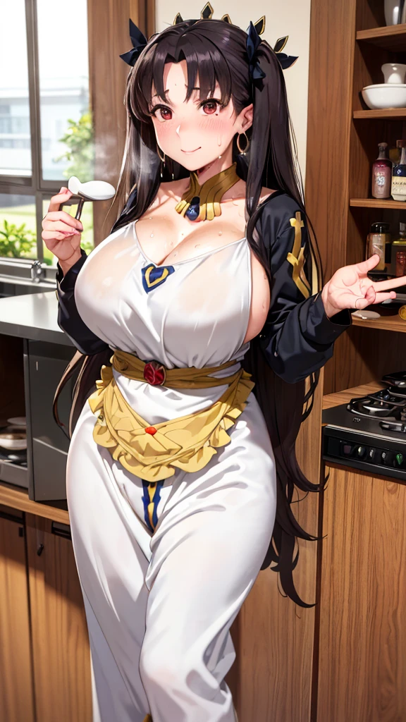 (Mature Woman:1.5), (mother:1.5), Ishtar, Fate Grand Order, (Absurd, 8k, 4K, Tabletop, Extremely detailed:1.2), highest quality, Perfect Anatomy,Perfect Face, High humidity, (alone:1.2), (Sweaty:1.3), shortness of breath, High humidity, humid, (Black Hair:1.1), Red eyes, Looking into the camera, (Very large breasts:1.5), Light clothing, apron, (kitchen;1.1), (Having a conversation:1.2), (Speech bubble:1.1), A kind smile, relief, peace of mind, mother性, Cooking, have a ladle, pot, pot-au-feu, Gentle look, nsfw