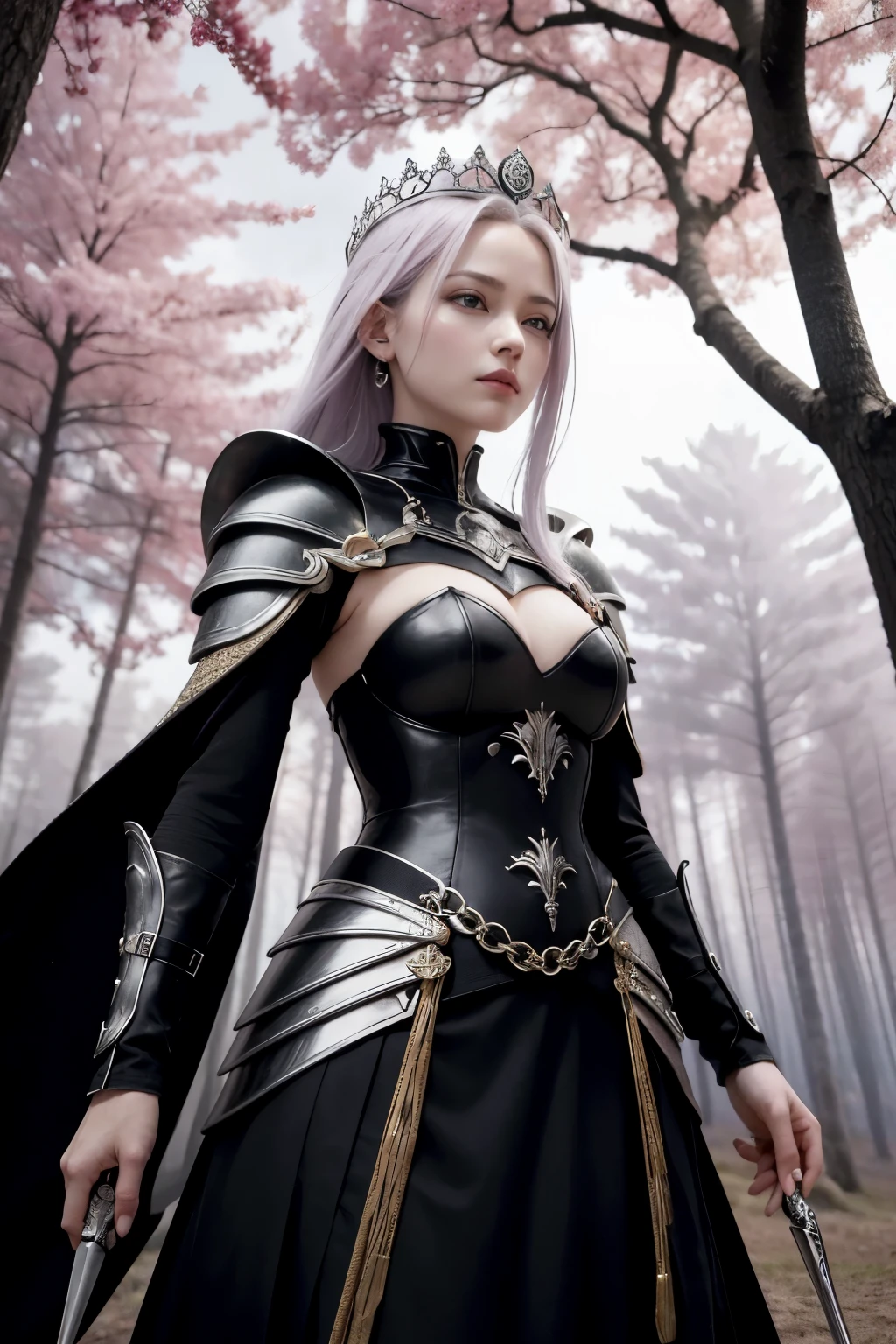 Go back
The main character is a 30-year-old warrior queen with silver hair and red eyes. His face is calm and his posture is that of someone ready for battle. Her face is beautiful and her hair moves in the wind. The warrior queen is slim and slender, with an athletic body. The queen wears shiny black armor, with a purple stone embedded in the breast plate. In her right hand she holds a long sword made of shiny black metal. The setting is somber, with a sky in shades of pink, red and purple. Only leafless trees, with very dark wood, sprout from the ground. And from the top of these trees, small grotesque creatures peer at the queen below. The angle of the scene is wide and we can see the queen in the center of the scene and the trees around her. The style of the video is a 2D Japanese anime style with a 1990s style and the aesthetic is dark fantasy.