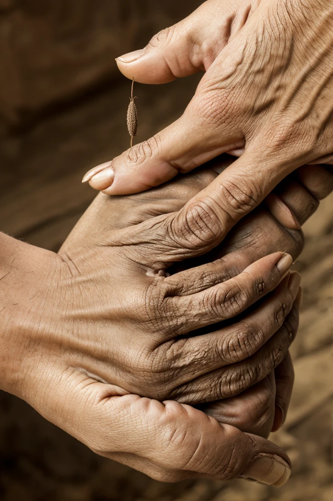 A close-up of a wrinkled hand clutching a single, perfect seed. (Image: A weathered hand holding a single, plump seed)