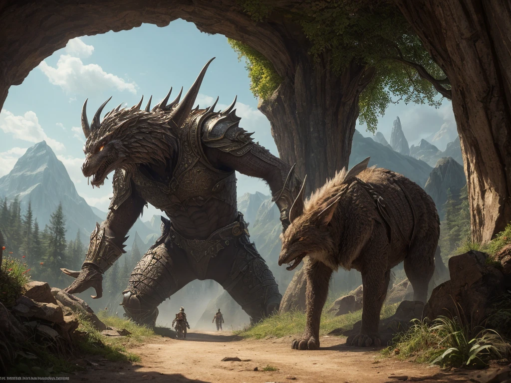 inspired by Tolkien,In the style of John Howe,detailed fantasy landscape,enchanted forests,majestic mountains,epic battles,dangerous dungeons,magical creatures,highly detailed armor,best quality,4k,8k,highres,masterpiece:1.2,ultra-detailed,realistic,photorealistic,photo-realistic:1.37,HDR,UHD,studio lighting,ultra-fine painting,sharp focus,physically-based rendering,extreme detail description,professional,vivid colors,bokeh,fantasy art
