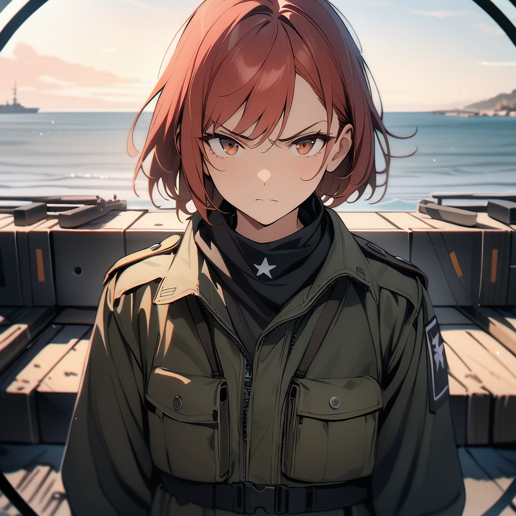 (circle frame1.7),Absurd resolution, high resolution, (masterpiece: 1.4), hyper-detail, weapons testing site at an empty dock by the sea, 1 young woman, short red hair, soldier costume, very serious expression
