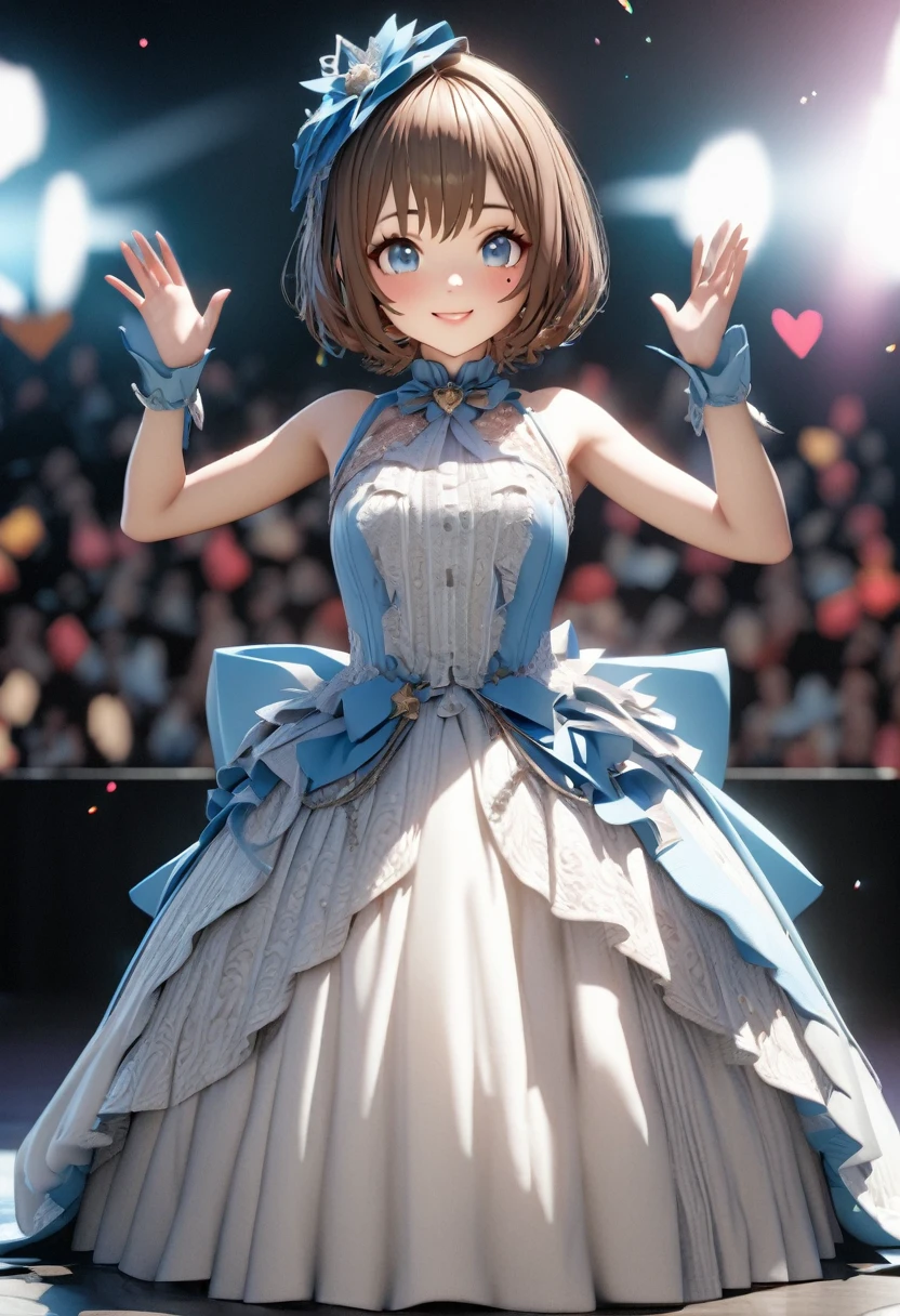 One Girl、Looking at the audience、
Beautiful Blue Eyes、Brown short hair、Mole under the eye、Plump and glossy lips、Heart-shaped choca、Idol、smile、ー、。.。.。.。.。.。.。.。.。.。.。.。.。.。.。.。.。.。.3D、Realistic、
Princess dress with too many frills、Drape clothes、gem、The decoration has been removed、Floral、Lace trim、bright stage、
masterpiece、highest quality、8k、Detailed skin texture、Detailed cloth texture、Beautifully detailed face、Intricate details、Very detailed、
超A high resolution、8K Ultra HD、Film Grain、Best Shadow、delicate、Staring at the audience、front