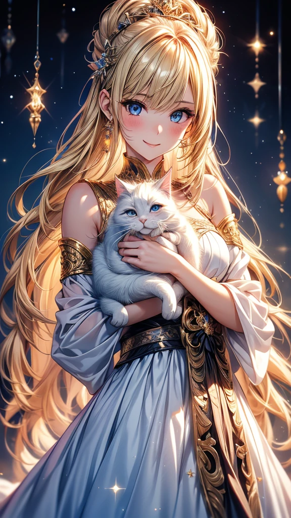 Highly Detailed CG Unity 8K Wallpaper, pretty girl, Mature blonde girl, Half Up,beautiful girl, Hot Maiden, Pale skin (super masterpiece, Fantasy art with intricate detail:1.5，Beautiful person, Well detailed face polluted smile, Her flat chest is completely hidden by her dress、Realistic, Surreal), Pray to the stars,Girl holding cute white cat with big eyes in her arms