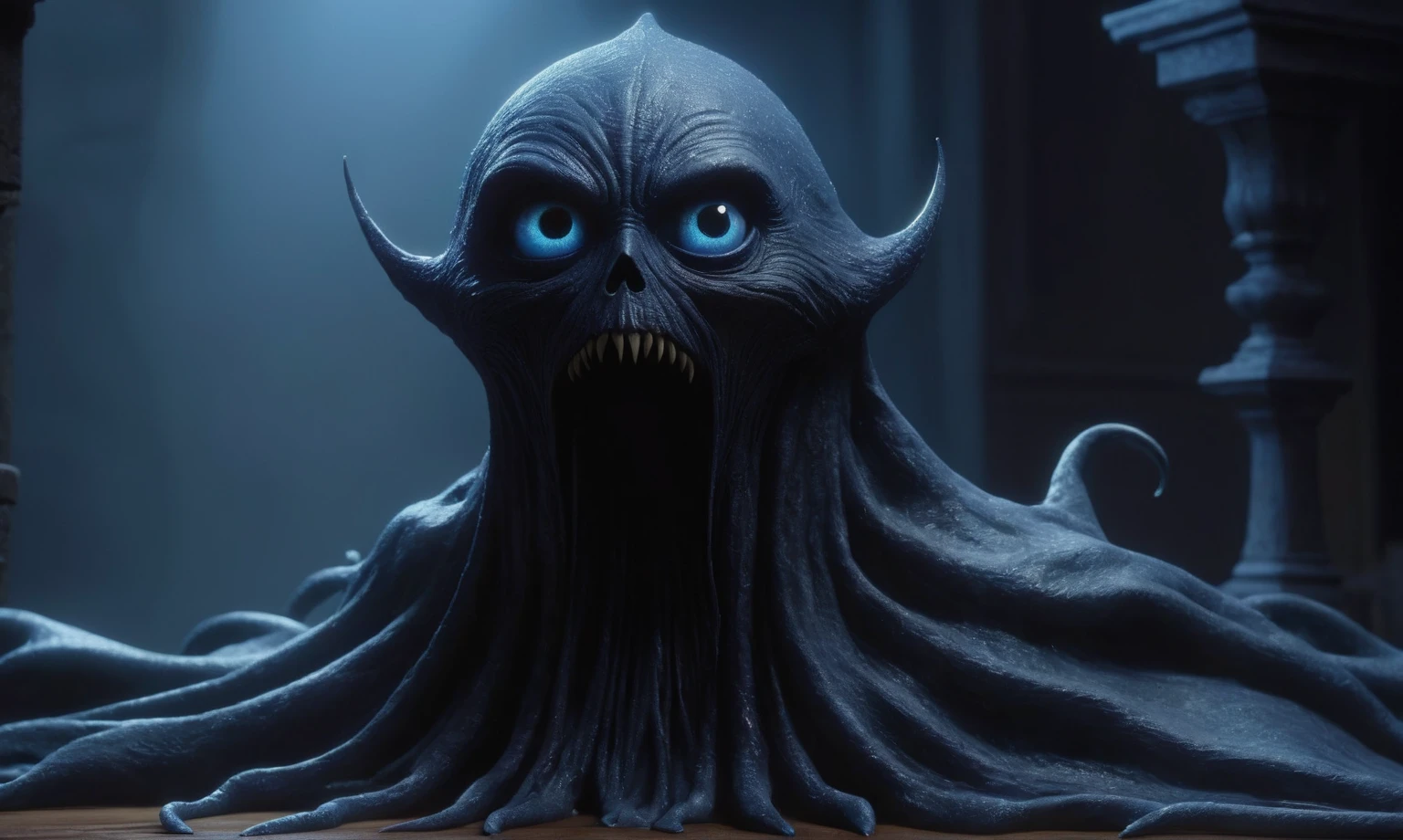 (((creature with a spectral and ghostly appearance)). Her skin is pale, almost translucent. His eyes shine with a bluish glow, he wears dark, torn clothes that float around him, as if permeated by an aura of mourning. Its appearance is complemented by details such symbols of mourning and gothic elements, further emphasizing its dark air. is portrayed as a haunted and tormented entity,{creature},face pretty face,extremely detailed,intricate details,eyes extremely detailed, high detailed eyes,16k resolution, realistic humid skin,extremely intricate details,Epic Realistic,face anatomically correct,Ultra HD,HDR, natural skin textures, hyper realism,realistic skin texture, hyper detailed,extremely Realism,Ultra Detailed,body logically correct,pixar movie still, pixar movie screenshot, frame from pixar movie, animated movie still, still from the pixar movie, still from a pixar movie, disney pixar movie still, pixar movie scene, still from pixar movie, still from a 2001 pixar movie, pixar render, animated film still

