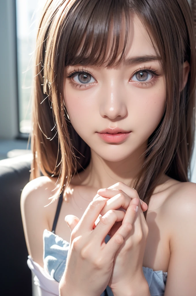 Body Portrait、Anime Girls, Her eyes are big and inquisitive, She was excited and happy to see me., Beautiful Eyes, Gray Hair, Pink Eyes, Good art, Good picture, 2D Anime, 2D, cute, Two hands with five fingers on each hand, Beautiful Hands, A good hand is drawn, 4K, 8k, Body Portrait、masterpiece, 最high quality, high quality, High resolution