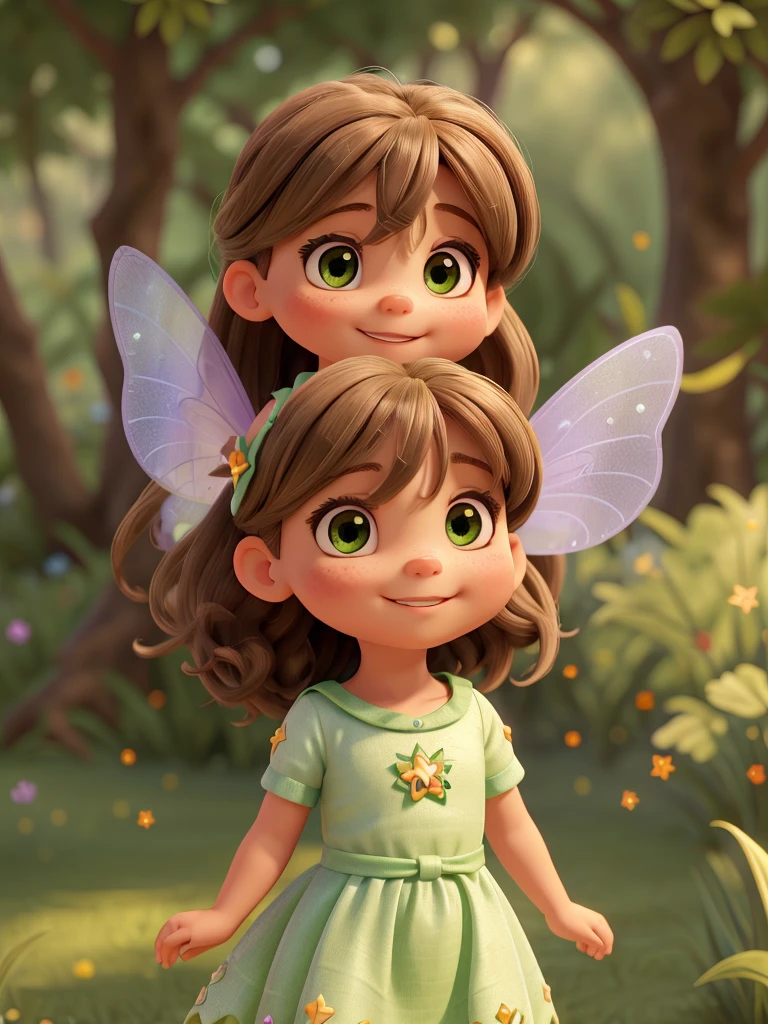 Una babygirl vestida con trae de hada de color verde, light brown hair and olive eyes, el fondo es color claro y liso (no contiene ninguna textura u objeto), su sonrisa es cautivadora. She wears a pair of fairy-like wings with magical sparkles.. It's standing in the background