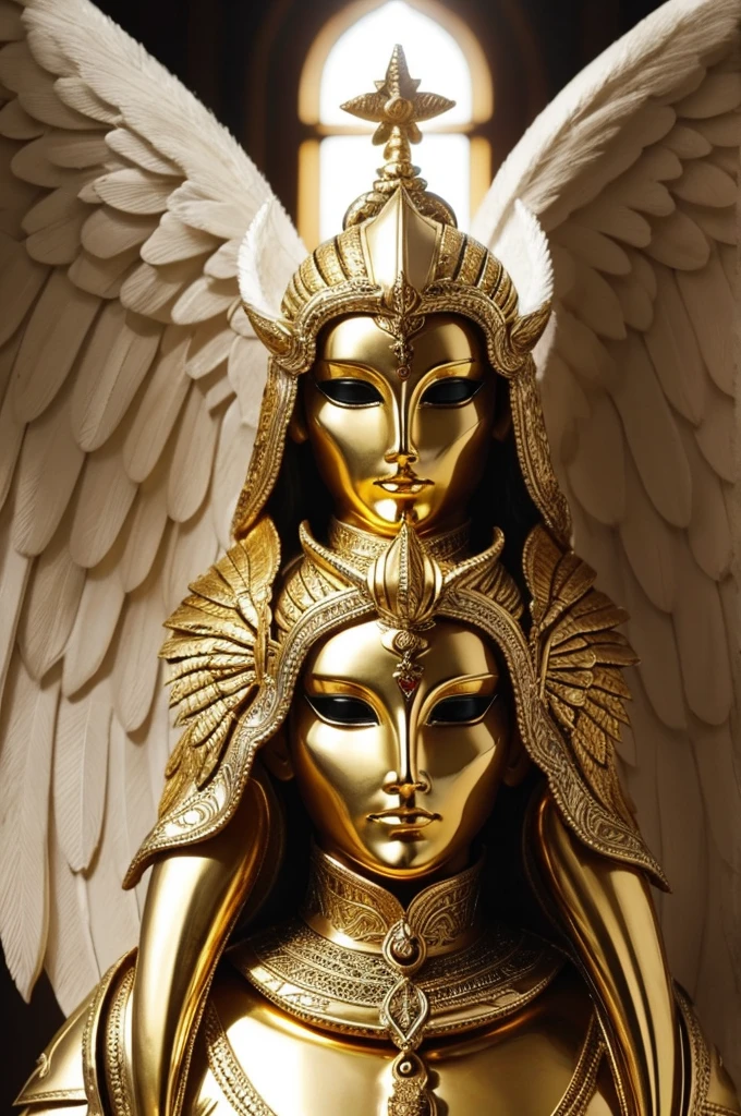 Lucifer (the most beautiful of angels) alas blancas enormes, armadura de oro, that shows wisdom, fuerza y pureza.
May it inspire respect and beauty and Light. Let your face be seen, facciones perfectas