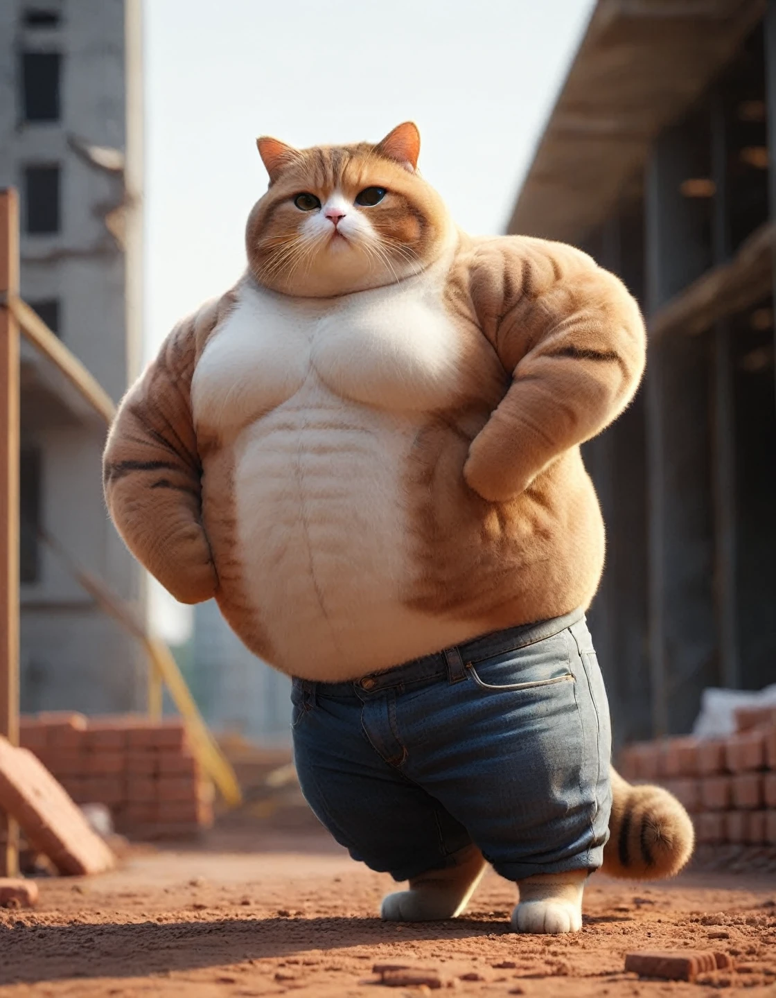 A man moving bricks at a construction site，Wearing jeans on the lower body，Chubby cat