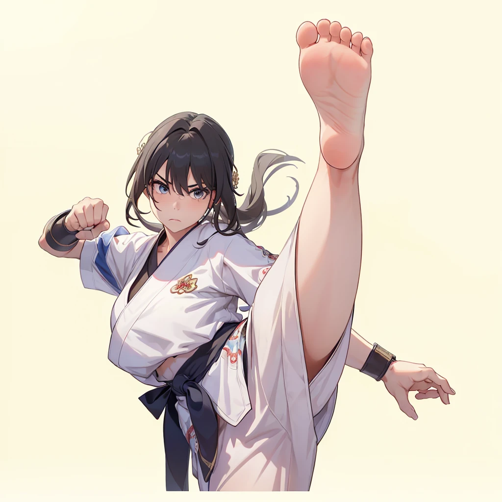 1girl, ruan mei, white hair, angry stare, barehands, barefoot, standing on one leg, strong leg high kick, high kick, accurate hands, accurate foot, fighting pose, martial arts, intense battle, barehand fighting contest, facing viewer, perfect anatomy, (best quality,8K,high resolution,ultra-detailed,masterpiece)