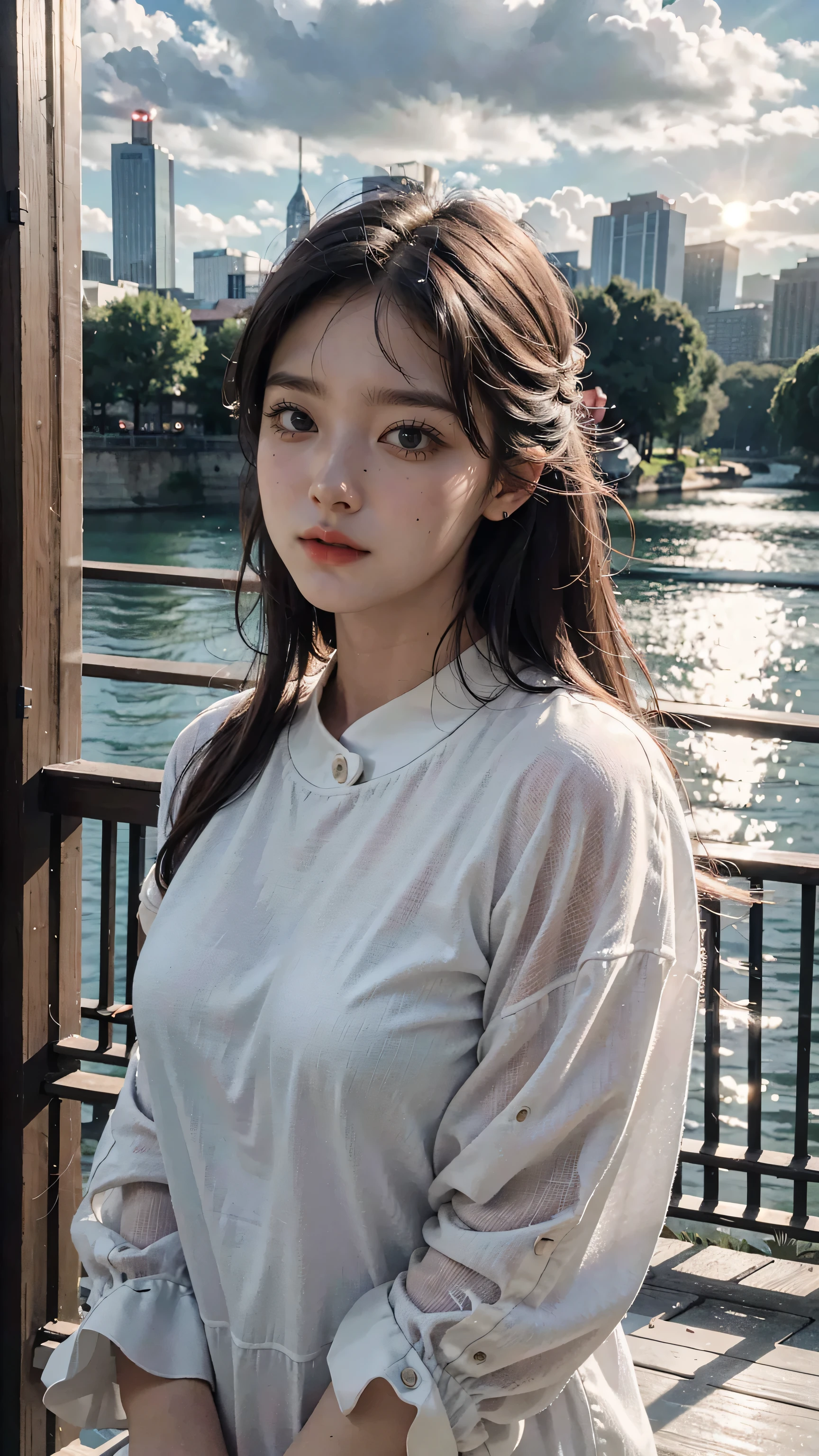 best quality, masterpiece, photo realistic, intricate details, raw photo, photon rendering, octane render, absurdres, ultra detailed, detailed face, detailed skin, trending on artstation,8k masterpiece,cinematic lighting, scenery, scenery, no humans, cityscape, sky, city, cloud, outdoors, building, sunset, city lights, bridge, river, tree, roadn, artist name,
