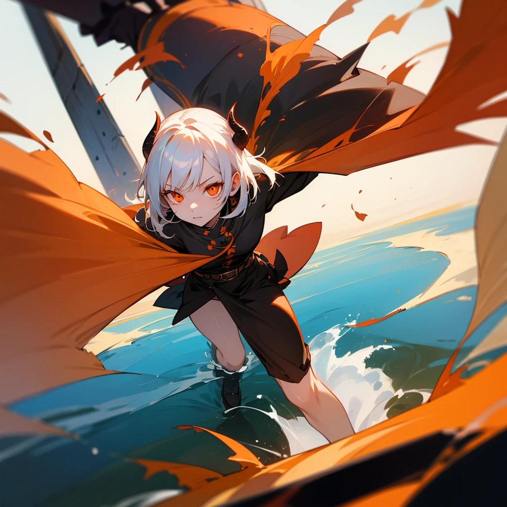 A demon lord with short white hair, one orange horn, female, orange eyes, rising from the water.