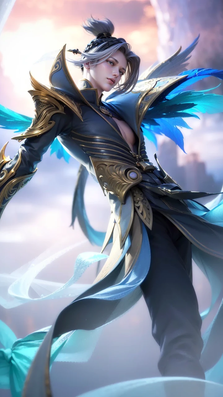 masculine male, masterpiece, ((perfect eyeest quality, (semirealism:1.9), beautiful lighting, (extremely detailed CG unity 4k fhd wallpaper), High Detail, Sharp focus, dramatic outdoors, 1 boy ,19 years old, white hair, light purpel eyes, smile.