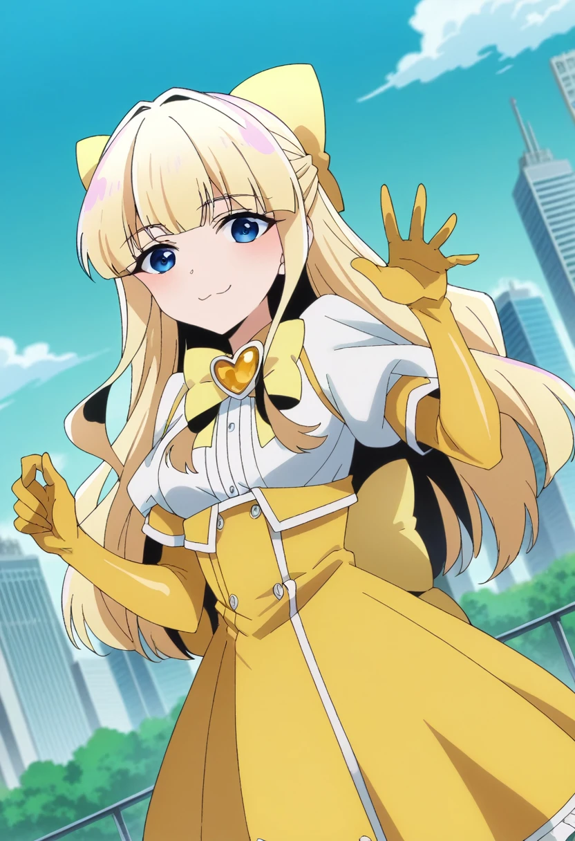 score_9, score_8_superior, score_7_superior, sauce_anime,
kaorukotenkawa, kaoruko tenkawa, Long Hair, blue eyes, Blonde Hair, bow, hair bow, yellow bow,
gloves, dress, heart, elbow gloves, Magical girl, yellow gloves,
Outdoor, Cityscape, smile,
View Viewer, Dutch Angle, Cowboy Shot