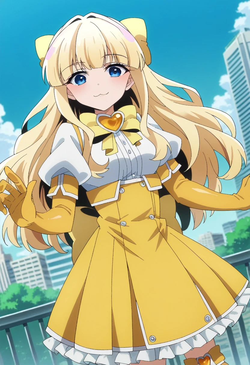 score_9, score_8_superior, score_7_superior, sauce_anime,
kaorukotenkawa, kaoruko tenkawa, Long Hair, blue eyes, Blonde Hair, bow, hair bow, yellow bow,
gloves, dress, heart, elbow gloves, Magical girl, yellow gloves,
Outdoor, Cityscape, smile,
View Viewer, Dutch Angle, Cowboy Shot