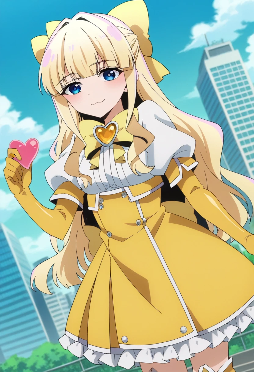 score_9, score_8_superior, score_7_superior, sauce_anime,
kaorukotenkawa, kaoruko tenkawa, Long Hair, blue eyes, Blonde Hair, bow, hair bow, yellow bow,
gloves, dress, heart, elbow gloves, Magical girl, yellow gloves,
Outdoor, Cityscape, smile,
View Viewer, Dutch Angle, Cowboy Shot