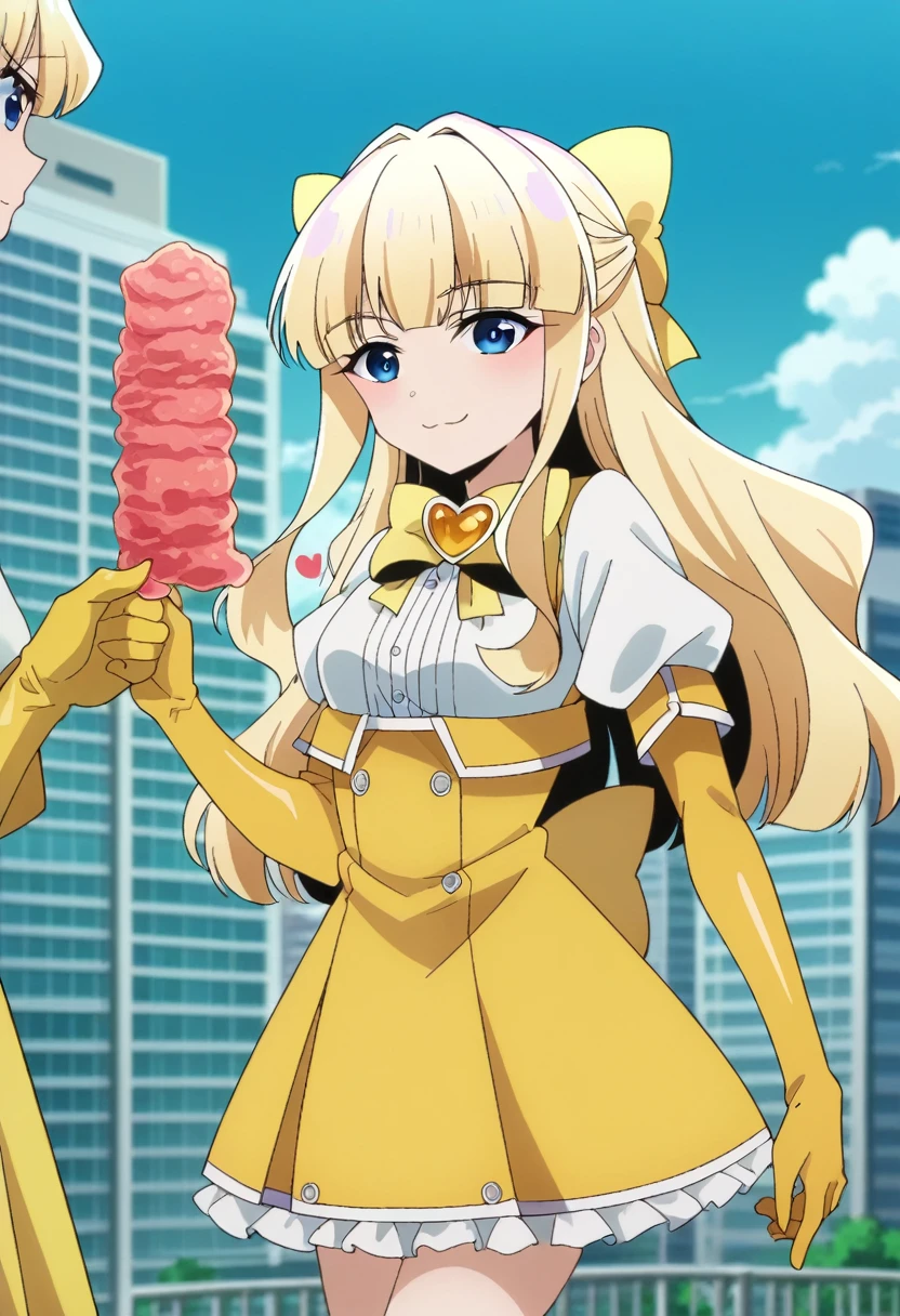 score_9, score_8_superior, score_7_superior, sauce_anime,
kaorukotenkawa, kaoruko tenkawa, Long Hair, blue eyes, Blonde Hair, bow, hair bow, yellow bow,
gloves, dress, heart, elbow gloves, Magical girl, yellow gloves,
Outdoor, Cityscape, smile,
View Viewer, Dutch Angle, Cowboy Shot