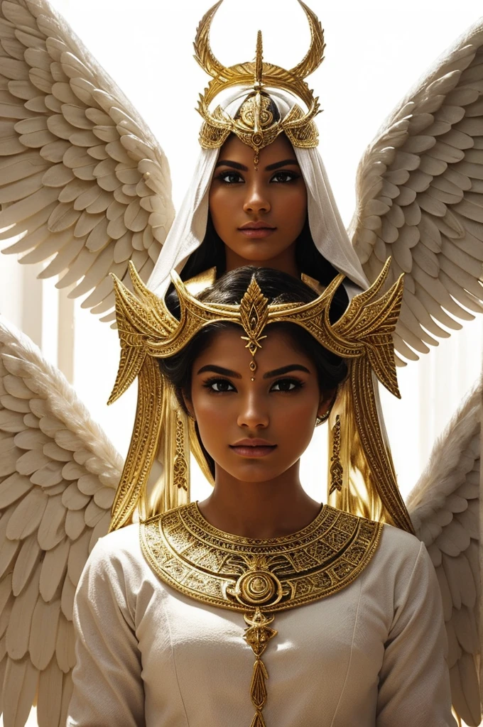 Lucifer (the most beautiful of angels) alas blancas enormes, armadura de oro, that shows wisdom, fuerza y pureza. 
May it inspire respect and beauty and Light. Let your face be seen, facciones perfectas