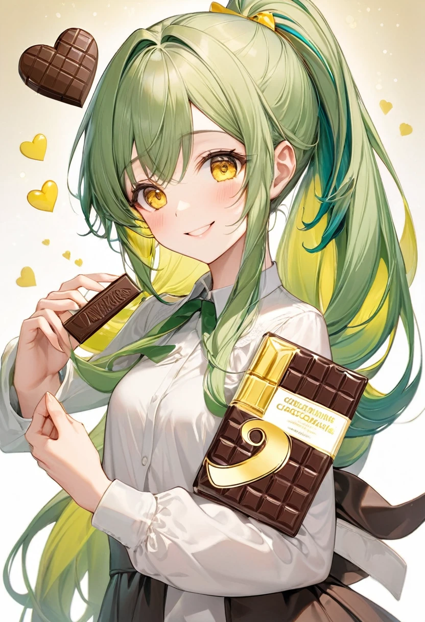 (15 yo, solo ponytail green hair long hair cute girl, cute yellow eyes, love smile), (hand holding a biggest:1.0 shape of number 3:1.5 for chocolate), perfect anatomy, masterpiece, best quality, 16k, beautiful detailed grow, daydreaming expression.