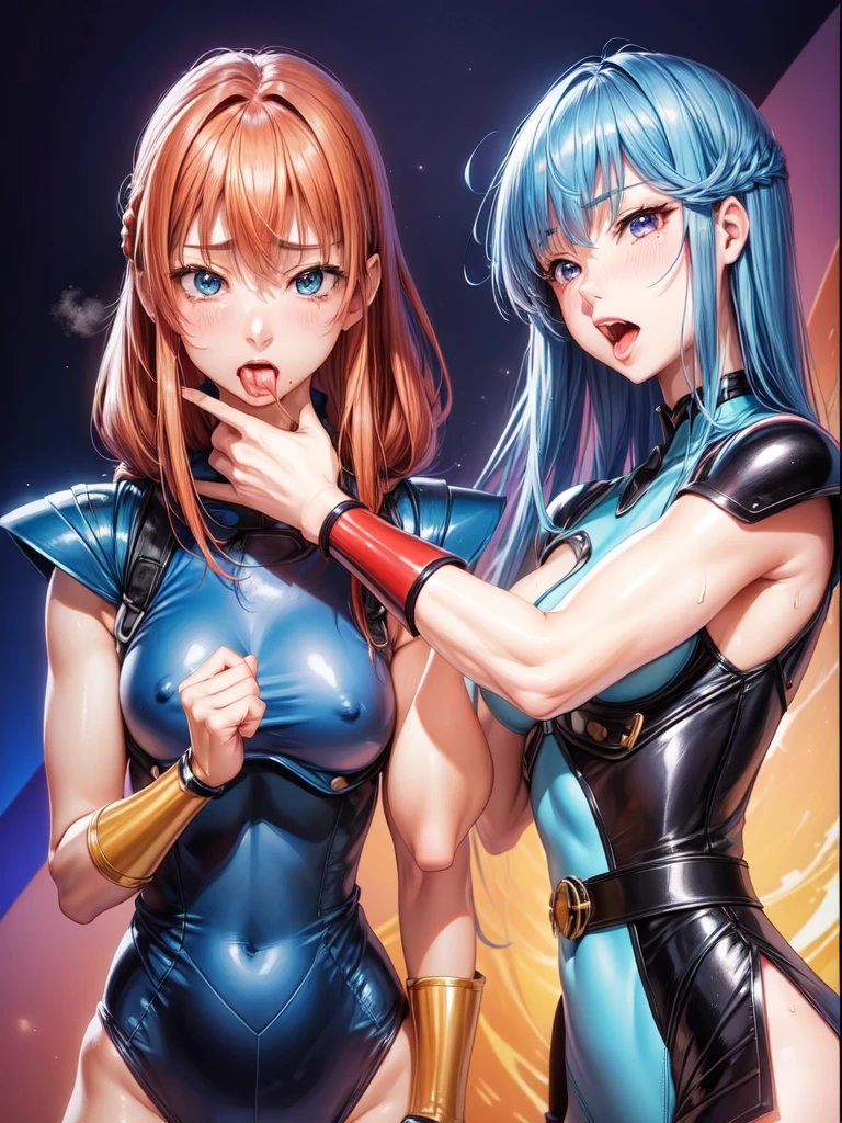2Female Fighters、Japanese girl、Close-up of a girl in a blue leotard、Blue glossy leotard、Black fishnet stockings、Blue shiny boots、Saiyan Girl, wonderful, Nano Girl, Female body type, Inspired by Hiromu Arakawa, Anime Manga Robot!! Anime Girls, Fubuki, Full Body Suit, by Hiromu Arakawa、wonderful, silk, Beautiful and attractive anime , Anime Girls of the future, tears,Drooling,Pee,Sweat,Tongue out,incontinence,Peeing、Estrus、Eyes wide open,Estrus,Blushing,Nipples are erect,Face is hot、Lust、incontinence、Armpit Hair、pubic hair、Nipples are erect、My crotch is wet
