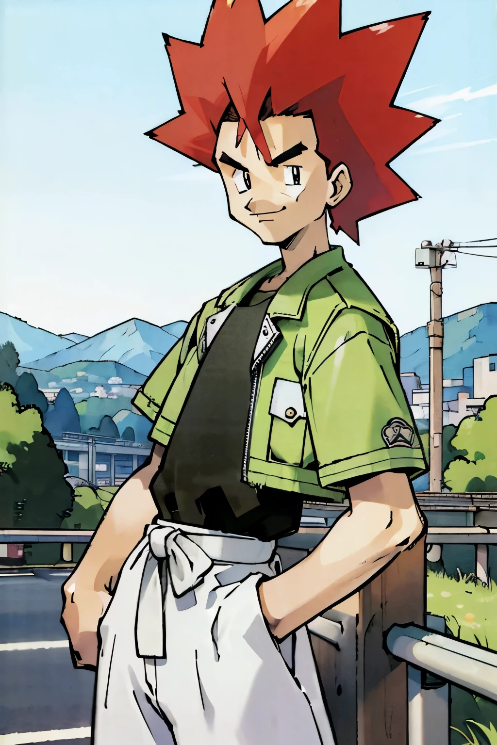 by Ken Sugimori, sugimori 1990s, ((only 1man)), vest, highway background, gentle smile, middle aged, mohawk ((hands behind their back)), full black pupils, manga, best quality, highly detailed, clean lines, cowboy shot, good hands, good eyes, hd, 8k, professional, symmetrical, hires, 8k,