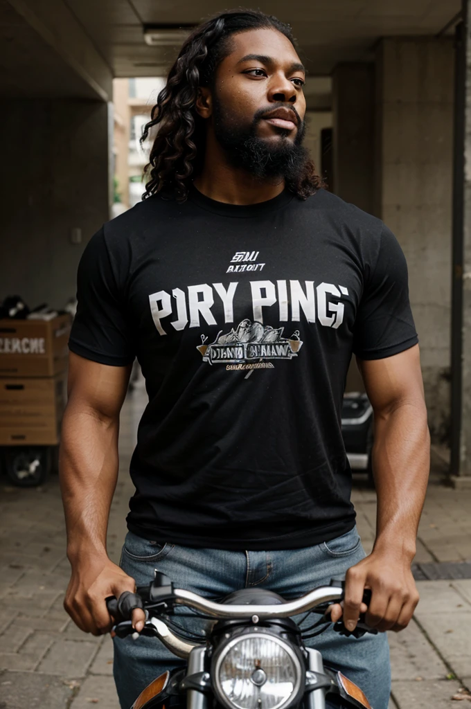 A black man with an ugly and fierce face, a very sturdy body, a bushy beard, and long, curly hair, wearing a t-shirt that says "parking" is moving a motorbike.