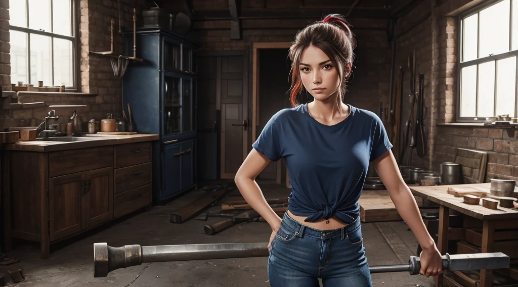 Best quality, full-body portraits, Skinny ripped blue jeans, blacksmith, female, though looking, oversized hammer, sweaty, red cropped shirt front knot, ponytail
