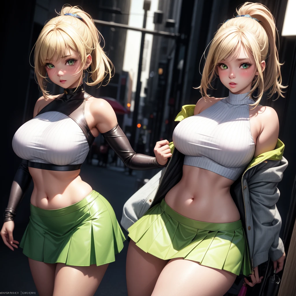 realistic, 1girl, blonde hair, light green eyes, glowing eyes, crop top, skirt, parted lips, blush, curvy body