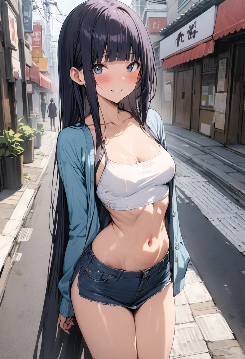 (((masterpiece, highest quality:1.3,absurdres))),20 year old beauty,solo,((very small head:1.2)),long hair,bangs,dark blue hair,dark blue eyes,gorgeous eyes,blush,smile,medium breasts,((very long body:1.2)),((toned body,slender body)),skinny,gleaming skin,shiny skin,((Navy blue cardigan、White tube top、navel、Blue denim miniskirt)),on street,Tokyo、