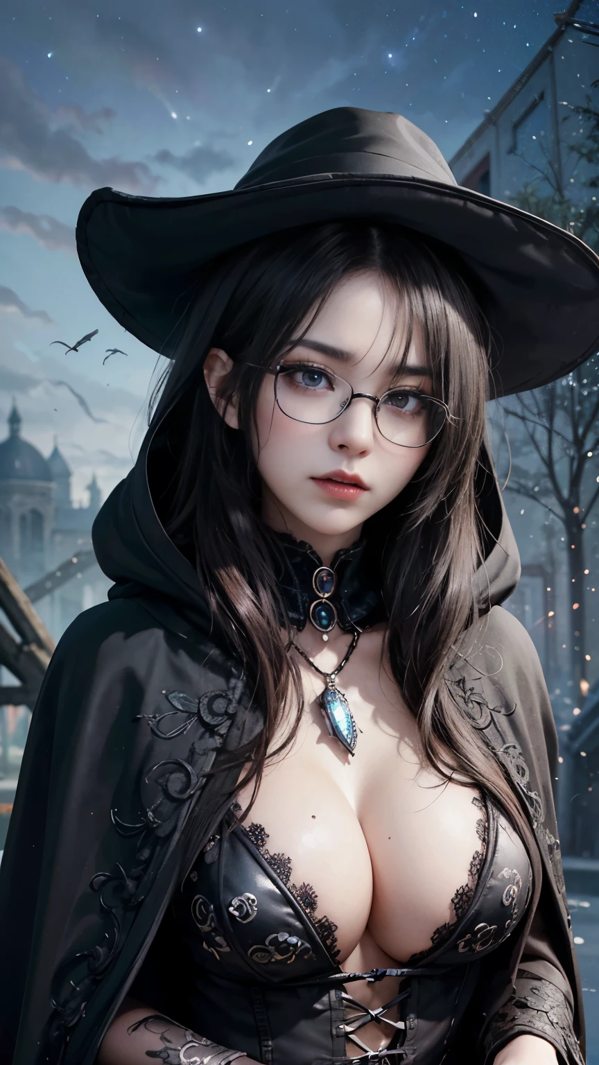 (Fatal Beauty,A charming villain,witch) ,(A supple and powerful physique),(Sensual charm),(Mysterious charm:1.1),(Captivating silhouette),(highest quality,High resolution:1.2),(dark,Threatening:1.1),((dark horror theme:1.5),(Thriller:1.5)),(Dark fantasy:1.5), (((Countless stars fly away:1.5),(Absurd:1.5),(wonderful:1.5))),Woman in a dress, ((((Glasses))))、((((big sapphire necklace))))、(Powerful numbers:1.1),(((Big Breasts))),(((Fiery crown:1.1))),prime color,Urban,Very detailed,masterpiece,Intricate details,Faded,Very detailed, Eye on the details,Intricate details,Dark and spooky atmosphere, spiritual being, Unforgettably beautiful, Ghostly figures, Shadow-like shape, Spooky whispers, Ominous Aura, Goth Maiden, Very darkHer eyes, Like dazzling fur in a starless haze,Her Mogul Snaps, Mysterious Cemetery,Black hair swaying in the moonlight, She summons darkness, (beautiful: 1.7), (Black Hat: 1.6), (An intricately decorated jet-black cloak: 1.6), (Delicately decorated cloak, Despite being damaged: 1.5), Hypermaximalist, Breathtaking oil paintings, Surreal, Ultra-realistic digital illustrations that mimic the style of oil paintings, Seamlessly blending the psychedelic visionary art of Alex Grey with the physical-mechanical aesthetic of H.R. Giger. Wonderful configuration, (Shining Eyes:1.6)、(Glowing Eyes:1.1),(hellish landscape:1.1),(fire,sulfur:1.1),(Threatening atmosphere:1.1),(dark shadows,Threatening presence:1.1),(Unlucky Clouds,Stormy Skies:1.1),(dark,Spooky atmosphere:1.1),(Aura of misfortune,Evil energy:1.1),(dark aura,cigarette:1.1),(Extreme heat,Burning Flames:1.1),(Nightmare Visions:1.1),(Predicting the end:1.1),(Whispers of misfortune,Devilish Laugh:1.1),(Cries of pain,echoing screams:1.1),(Bad luck symbol,Ancient runes:1.1),(Mysterious Relic,dark art ifacts:1.1),(Infernal Ritual,Ritual sacrifice:1.1),(Eternal Ruin,A hopeless existence:1.1), Inspired by abandoned mech backgrounds. Art created by Craig Mullins, Necrostyle., Detailed Description, Futurist