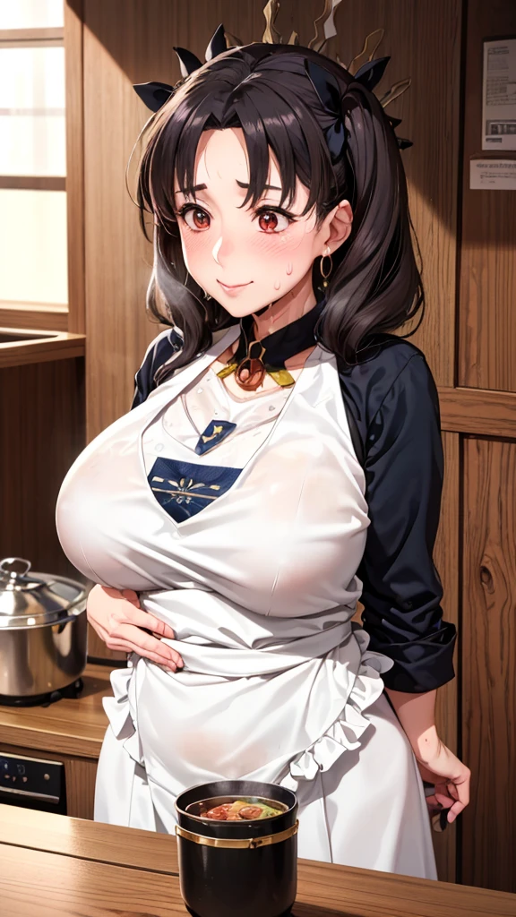 (Mature Woman:1.5), (mother:1.5), Ishtar, Fate Grand Order, (Absurd, 8k, 4K, Tabletop, Extremely detailed:1.2), highest quality, Perfect Anatomy,Perfect Face, High humidity, (alone:1.2), (Sweaty:1.3), shortness of breath, High humidity, humid, (Black Hair:1.1), Red eyes, Looking into the camera, (Very large breasts:1.5), Light clothing, apron, (kitchen;1.1), (Having a conversation:1.2), (Speech bubble:1.1), A kind smile, relief, peace of mind, mother性, Cooking, have a ladle, pot, pot-au-feu, Gentle look, nsfw, nude