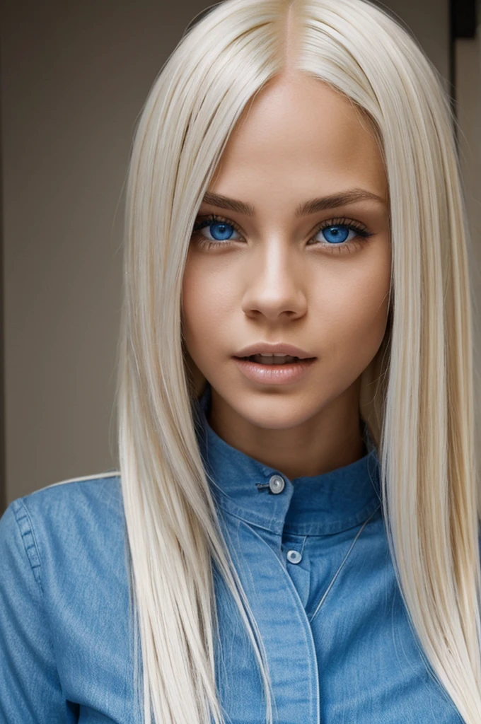 girl with light skin and long platinum blonde hair, with blue eyes, with an expression of pleasure and having sex