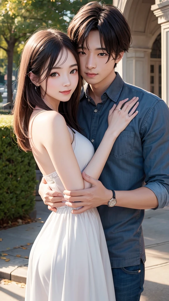 (masterpiece), best quality, , couple romantic, hugging, ultra realistic, DSLR, 8K