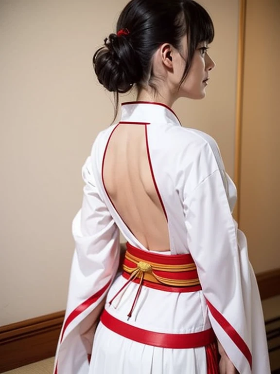 ((Back view)), ((masterpiece)), (highest quality), Official Art, unity 8k wallpaper, Very detailed, One Girl, alone, (Shrine maiden), ((White kimono)), ((Red Hakama Skirt)), Upper Body,Clean look,