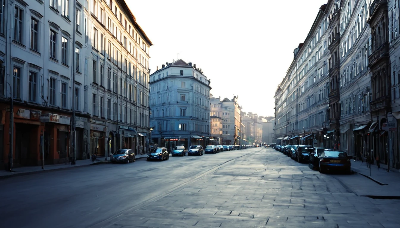 street in the city center, several buildings, parked cars, late afternoon, sinister atmosphere