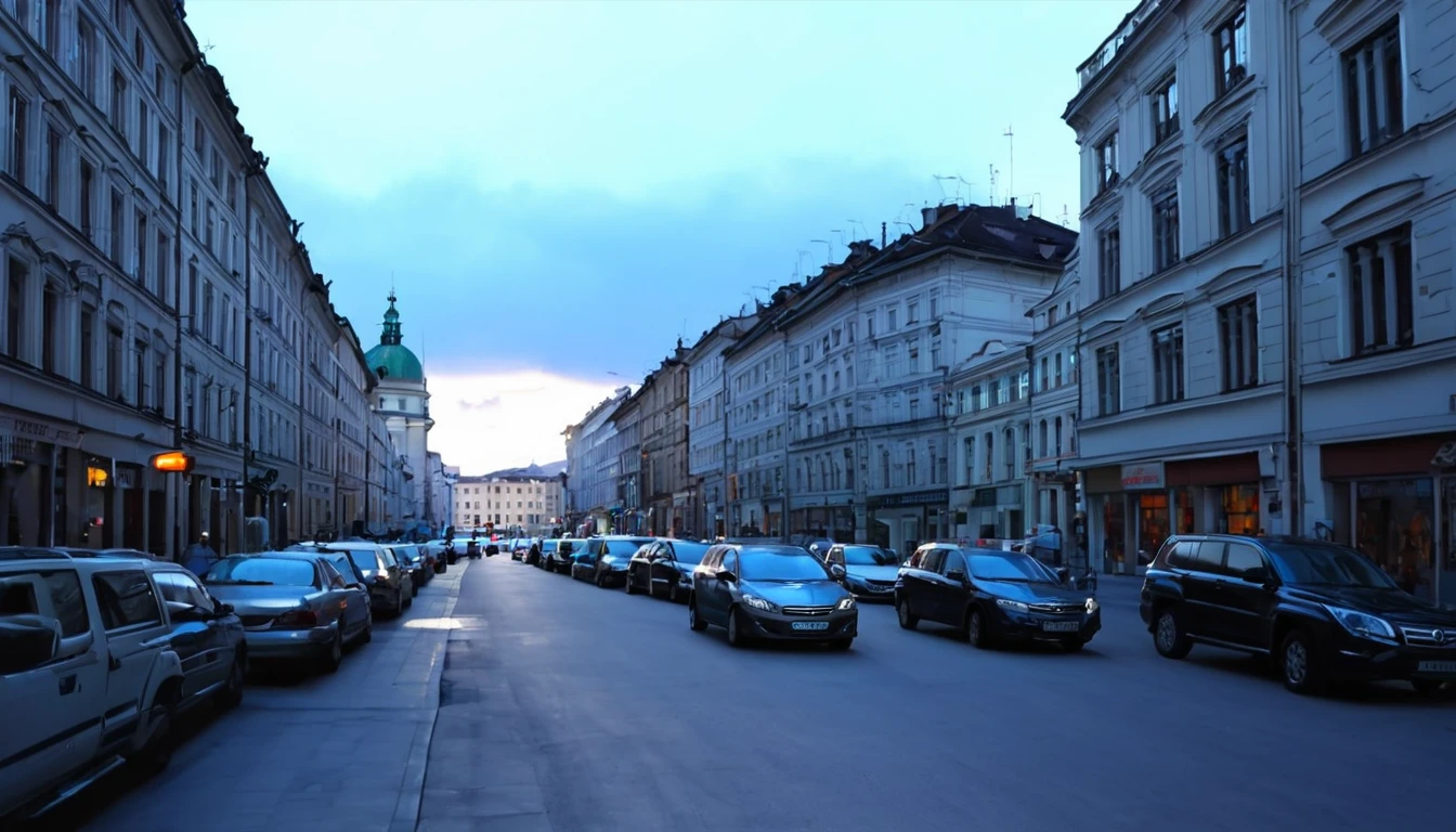 street in the city center, several buildings, parked cars, late afternoon, sinister atmosphere