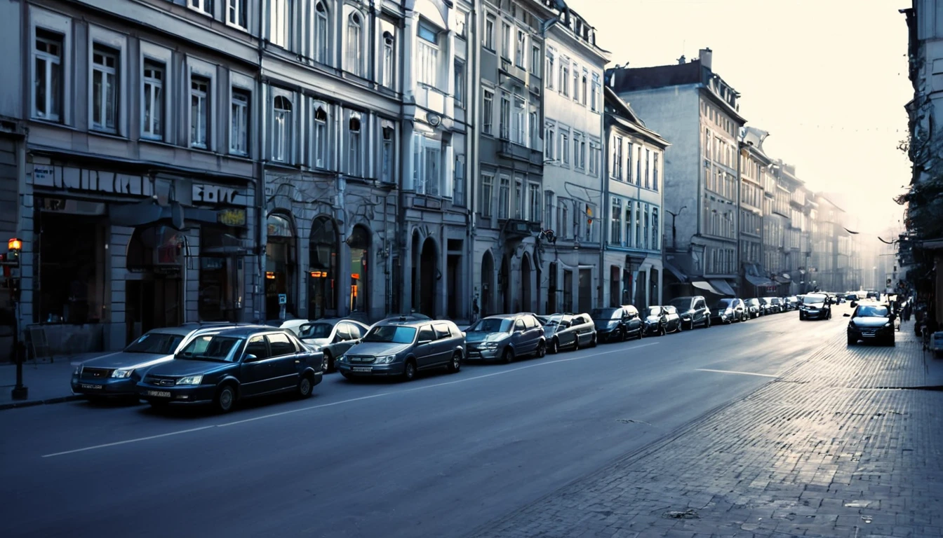street in the city center, several buildings, parked cars, late afternoon, sinister atmosphere