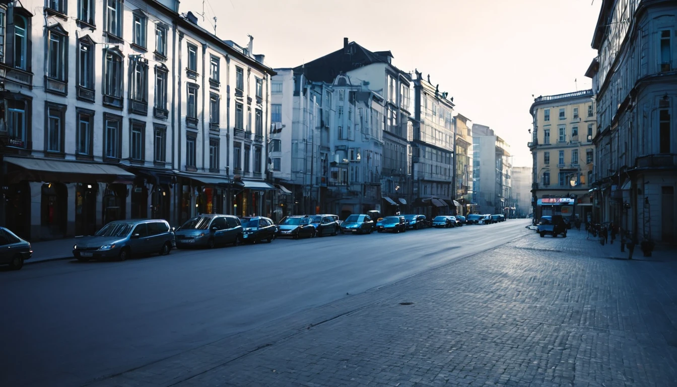 street in the city center, several buildings, parked cars, late afternoon, sinister atmosphere