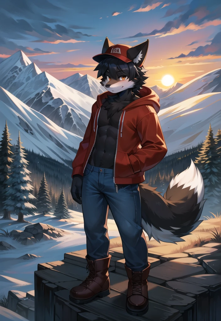 (Fox, furry, anthropomorphic), Male, standing in forest, mountain background, outside, wearing jeans wearing red hoodie, Furry art, Fur on arms, big Floofy tail, fur on legs, (Black Fur covering whole body, Best quality, human like body figure), looking at sunset, wearing white hat, wearing boots