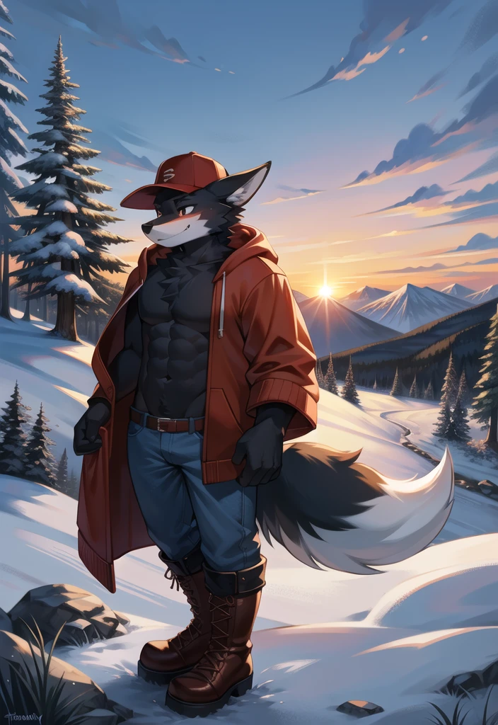 (Fox, furry, anthropomorphic), Male, standing in forest, mountain background, outside, wearing jeans wearing red hoodie, Furry art, Fur on arms, big Floofy tail, fur on legs, (Black Fur covering whole body, Best quality, human like body figure), looking at sunset, wearing white hat, wearing boots