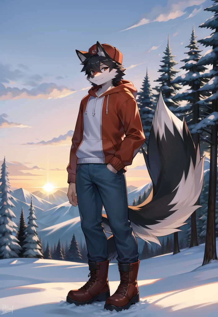 (Fox, furry, anthropomorphic), Male, standing in forest, mountain background, outside, wearing jeans wearing red hoodie, Furry art, Fur on arms, big Floofy tail, fur on legs, (Black Fur covering whole body, Best quality, human like body figure), looking at sunset, wearing white hat, wearing boots