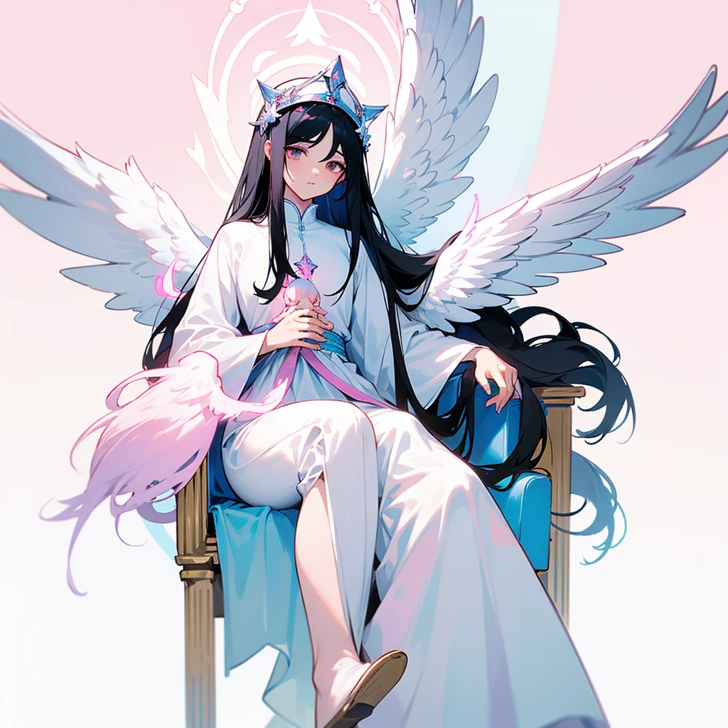 Biblically accurate angel, multiple eyes, rings of fire, cute, long black hair, thone, androgenous, long white tunic, baby blue light pink and white color scheme, peaceful expression, kind expression, motherly expression, powerful, sitting on a throne, pink white and blue wings, three pairs of wings, androgynous appearance, male, male angel