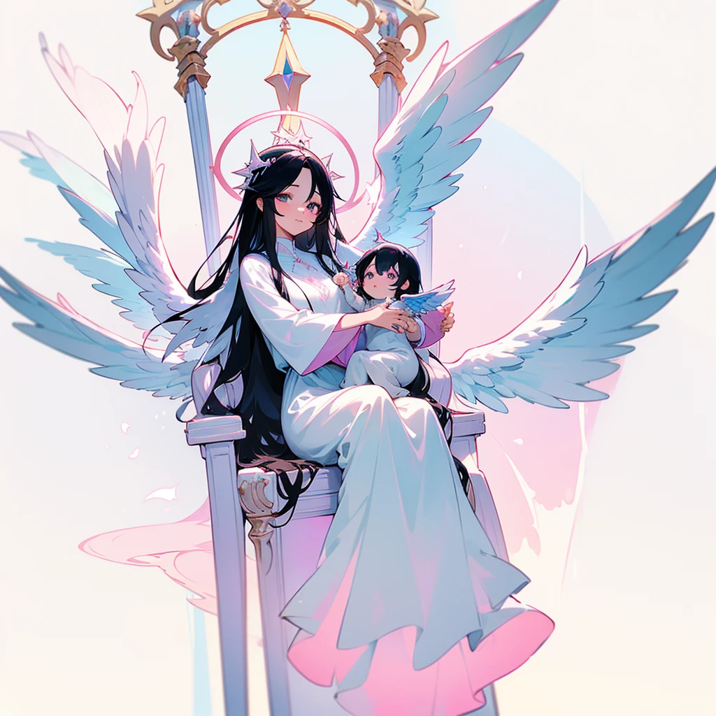 Biblically accurate angel, multiple eyes, rings of fire, cute, long black hair, thone, androgenous, long white tunic, baby blue light pink and white color scheme, peaceful expression, kind expression, motherly expression, powerful, sitting on a throne, pink white and blue wings, three pairs of wings, androgynous appearance, male, male angel, six wings, 6 wings,