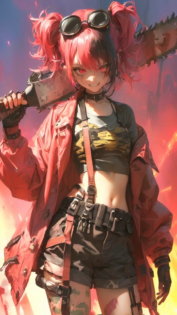 ultra-detailed, crazy girl, beautiful eyes, red eyes, , cute figure, cute face, grin, executioner, small horns on either side of forehead, Steampunk style goggles on head, sharp eyes, wild and bold, hair color pink gradient with black accent only on left side, hair in bun, bob bangs, Steampunk, (((overall clothes are dirty and tattered))), large military design jacket, black shorts, thigh-high knee socks, boots, leather gloves with the fingers cut off, (((worn-out, horrible saw, but cutely designed))), background is a collapsed On a live stage in hell with buildings, pink and red lights shining, composition like a scene from a movie, 16K, top quality, masterpiece