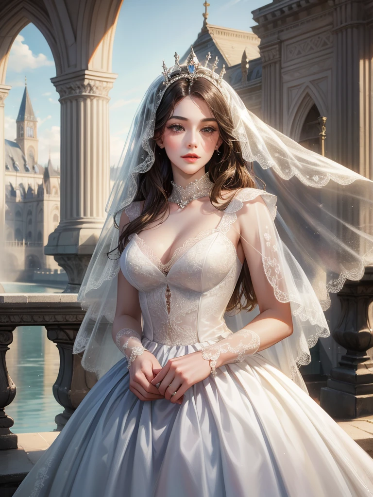 （1 man and 1 woman looking at each other on the arch bridge）, Couple​, princess, Crown Prince,   Cathedral backdrop,bridal veil,wedding dress,An arrogant face